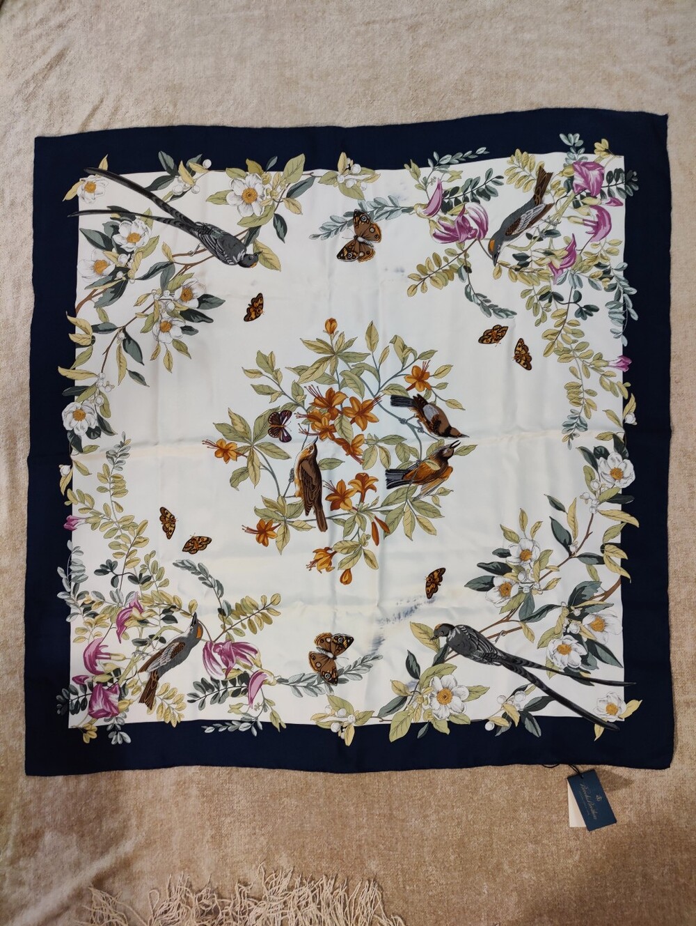 Brooks Brothers Audubon Birds Butterfly Silk Scarf With Navy Border, 34" x 34"